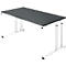 A gray desk with white legs against a white background. The tabletop is rectangular.
