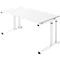 White desk with adjustable legs against white background. It has a rectangular tabletop and a metal frame.