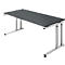 A gray desk with metal legs. The tabletop is rectangular and the legs are height-adjustable.