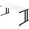 Desk with white tabletop and black metal legs that are height-adjustable.