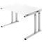 A white desk against a neutral background. It has four silver, adjustable legs.