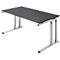 Grey desk with silver legs on a white background.