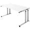 White desk with metal legs on white background.