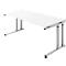 A white desk with silver legs stands against a white background.