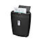 Black paper shredder with paper feed. Top flap open, sheet with colorful diagrams protruding.