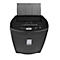 Black paper shredder with open lid, control panel with symbols. A logo in the lower area.