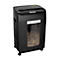 Black paper shredder with a semi-transparent window filled with shredded paper. Controls on top.