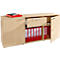 Beige kast met open deuren. Rode dossiers erin. Bovenop een rode lade en een notitieblok.