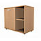 Light brown filing cabinet with door, handle, lock and open compartment with shelf. Black feet.