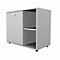 Grey cabinet with door, handle, compartment, and open area with shelf.