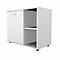 White filing cabinet with door and open compartment. Handle, lock and black feet.