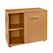 Beige wooden cabinet with open side and door with silver handle.