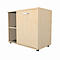 Beige cabinet with a handle and an open compartment with a shelf.