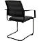 Chaise cantilever noire. Dossier en maille, assise rembourrée, accoudoirs. Design moderne.
