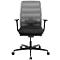 Bureaustoel met zwart frame, zitting en armleuningen, grijze mesh rugleuning.