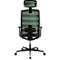 Zicht op een zwarte bureaustoel met groen gaas. Rugleuning, hoofdsteun en wielen zijn zichtbaar.