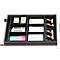 Open drawer insert with office supplies: sticky notes, stamps, staples, notepaper.