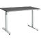 A grey desk with white legs against a white background. The tabletop is rectangular, the legs are T-shaped.
