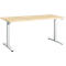 A light brown desk with light gray legs against a white background.