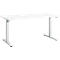 A white height-adjustable desk on gray-silver legs against a white background.