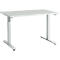 A white rectangular desk with metal legs. The legs are T-shaped and the desk is against a white background.