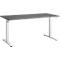 A gray rectangular desk with a white, height-adjustable frame. The tabletop is flat, the legs stand stable.
