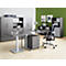 Office with grey furniture and a height-adjustable desk. A laptop, a lamp, office supplies and folders are on the table.