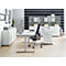 Bright office space with white desk, chair, cabinets, and grey wall. A modern, functional work environment.