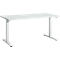 A white, rectangular desk. The legs of the table are also white and constructed in a T-shape.