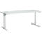 White desk with square legs. The tabletop is rectangular and stands on two T-shaped legs.