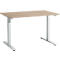 A light wooden desk with a white metal frame, on a white background.