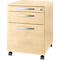 Beige filing cabinet with three drawers and silver handles on wheels.