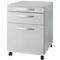Grey rolling file cabinet with three drawers and silver handles. The cabinet stands on small black wheels.