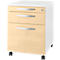 Mobile filing cabinet with three drawers, light wood veneer, silver handles and wheels.