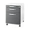 Gray and white rolling cabinet with three drawers and silver handles. Standing on castors.