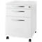 White three-drawer filing cabinet on wheels with silver handles. Cabinet has a lock.