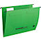 Green hanging file with black hanger and tab. Printed table and logo.