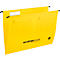 Yellow hanging file folders with black hangers. Printed "Schäfer Shop".
