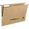 Brown cardboard hanging file with black hook, tables and logo.