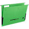 Green hanging file folder with print, black metal brackets on the left and right.