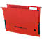 Red hanging file folder with black bracket. Printed grid, logo and label.