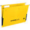 Yellow hanging file folder with black hooks. Labeled with table, logo, and website address.