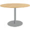 Round table with light brown top, silver column and gray foot.