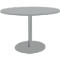 A round, gray table with a central leg standing on a round base.