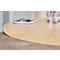 Light brown, round table with notebook and pen. Glasses in the background.