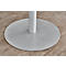 Close-up of a white table base with a round, gray base on a light wooden surface.