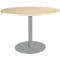 Round wooden table with a grey metal base.