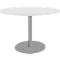 Round, white table with gray, cylindrical leg and foot.
