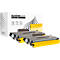Three toner cartridges in front of a box with the inscription SCHÄFERSHOP. The cartridges are gray and yellow.