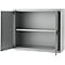 Gray steel cabinet, doors open. Inside two shelves. The left door is fully open, the right door almost. Cabinet on a white background.